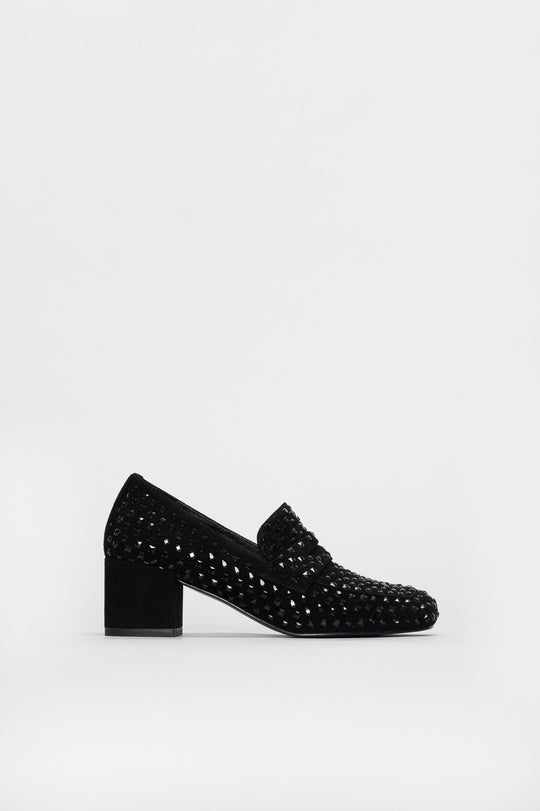 Heeled Loafer Pump Davia | Black Crystals & Suede