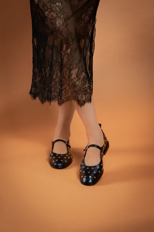 Mary Jane Flat Studs 054 | Black Leather