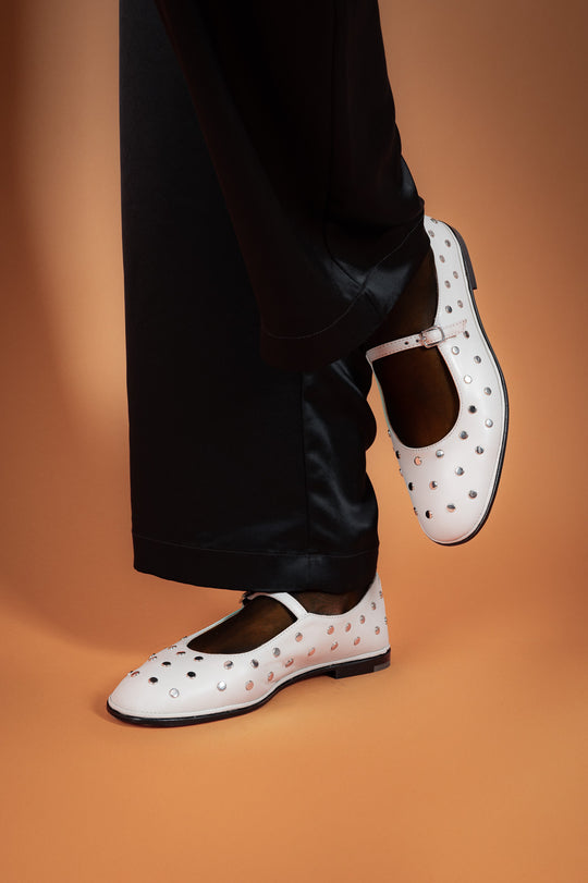 Mary Jane Flat Studs | Off-White Calf Leather