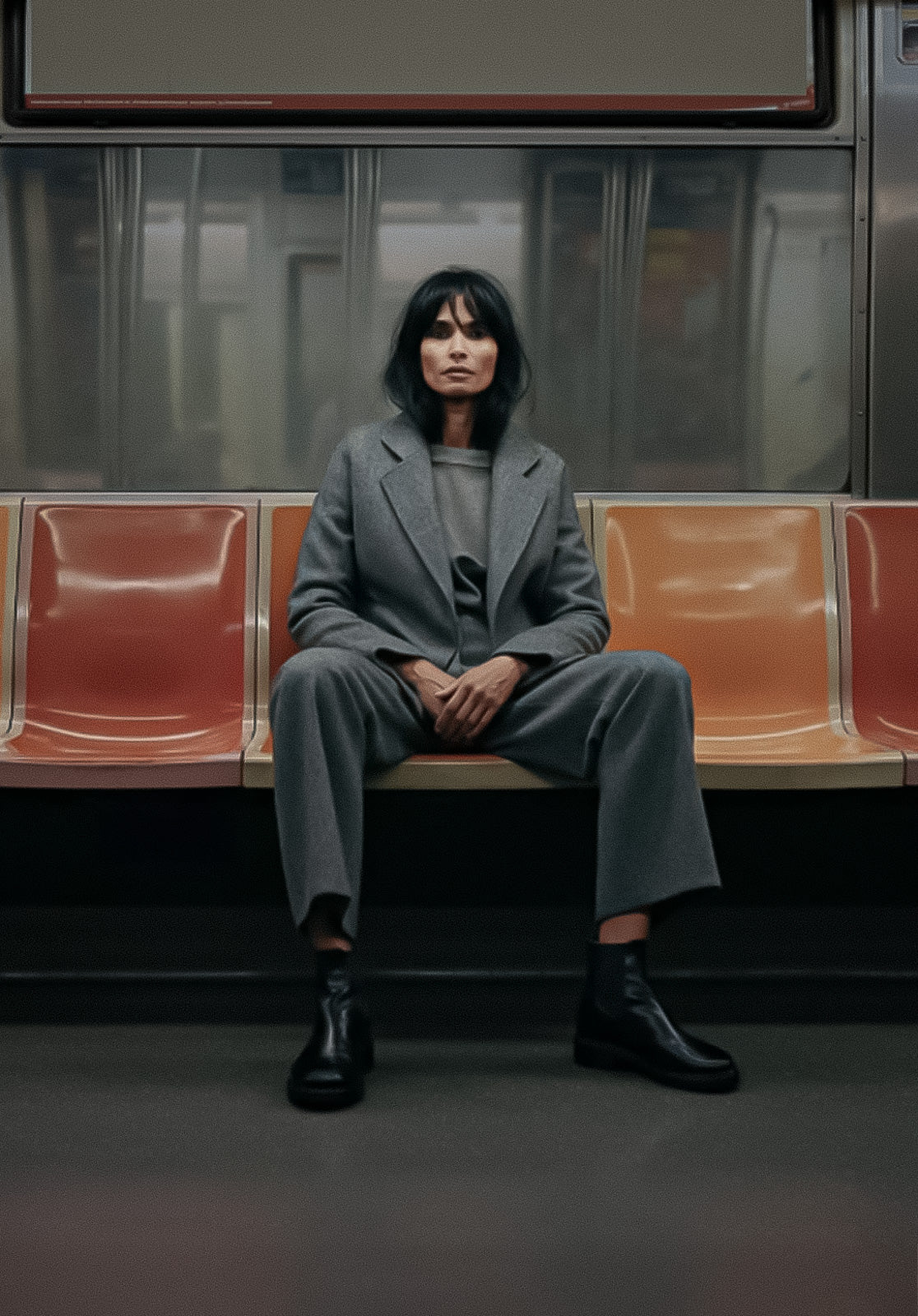 Person sitting on a subway bench wearing a gray suit.
