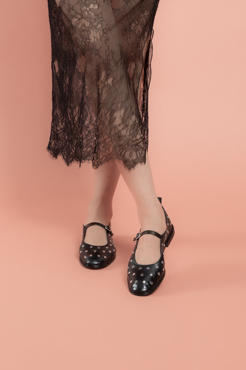 Mary Jane Flat Studs 054 | Black Leather