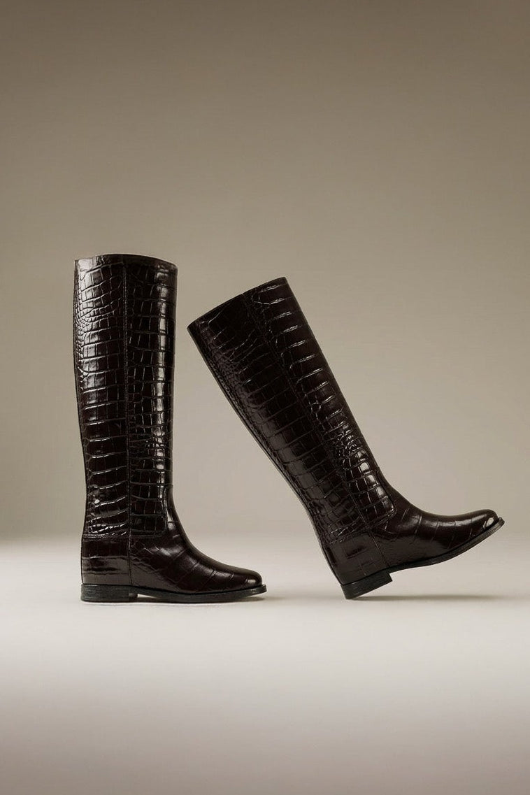 Wedge High Boot Arilo | Brown Croco-Embossed Calf Leather