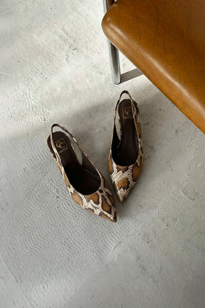 Slingback Flat Sekay | Beige-White Snake-Embossed Leather
