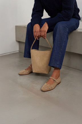 Mary Jane Flat Penelope Studs | Sand Beige Brushed Suede
