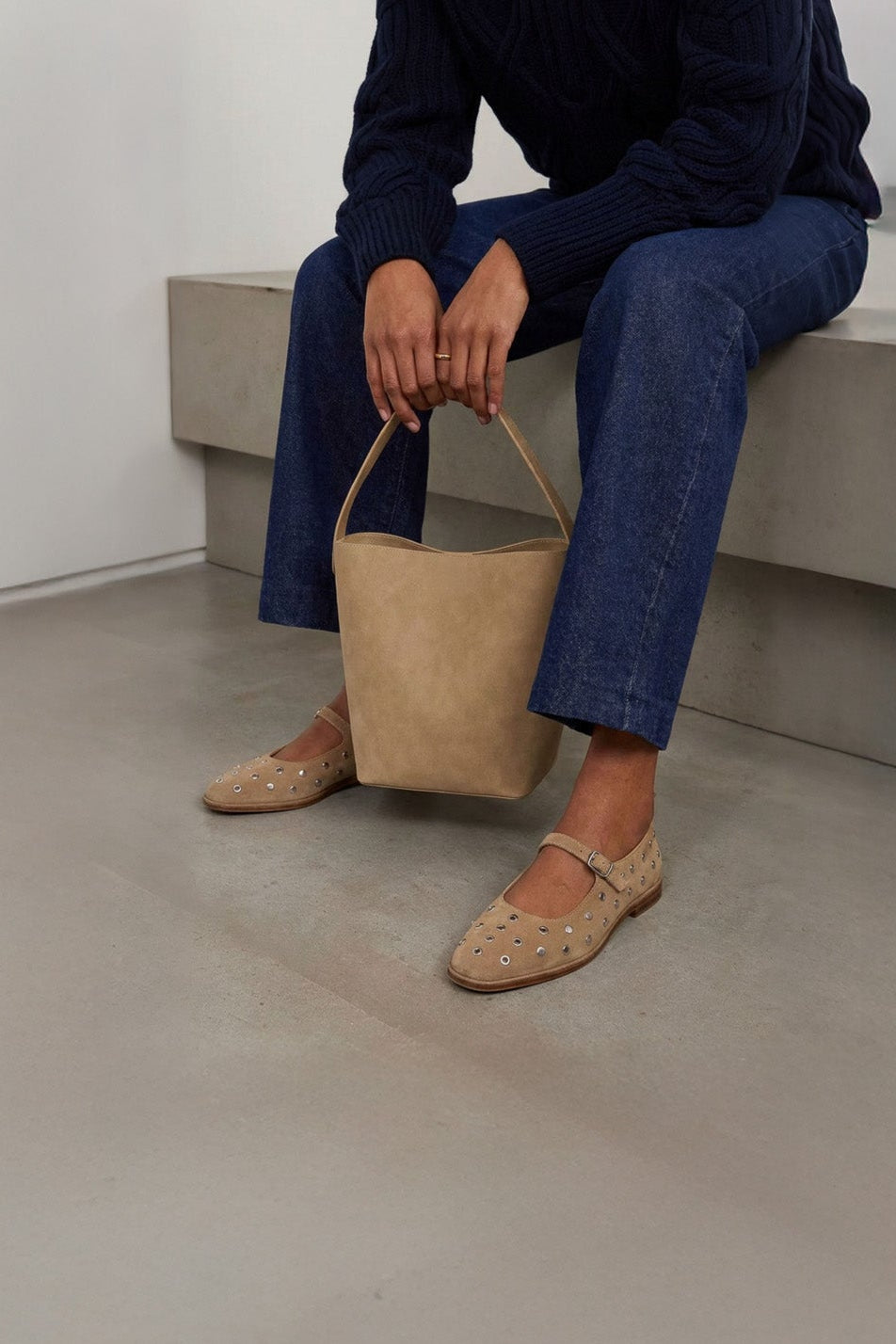 Mary Jane Flat Penelope Studs | Sand Beige Brushed Suede
