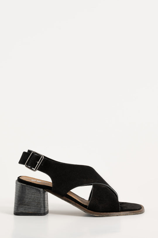 Heeled Sandal Cross | Deep Black Suede